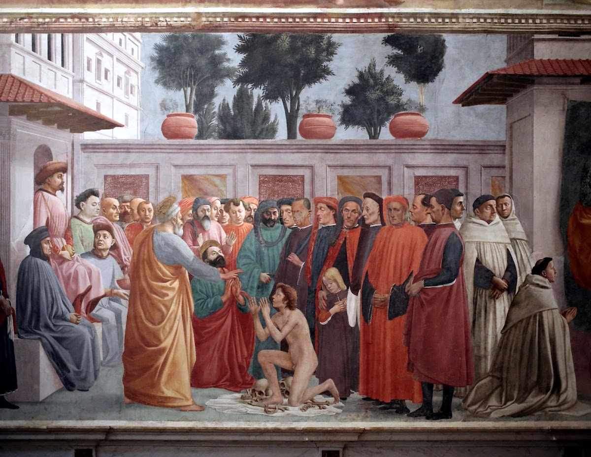 Masaccio e Filippino Lippi,Resurrezione del figlio di Teofilo e san Pietro in cattedra, 1427 (intervento di Masaccio) e 1485 (completamento di Filippino Lippi), particolare parte centrale, Cappella Brancacci, Santa Maria del Carmine, Firenze