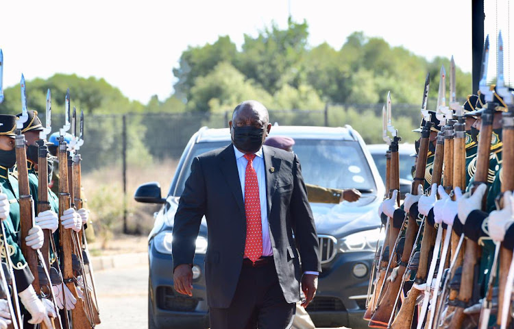 President Cyril Ramaphosa arrives at the Charlotte Manye Maxeke Treatment Centre in Botshabelo, an anti-drug and substance abuse treatment facility, during 2021 Freedom Day celebrations.