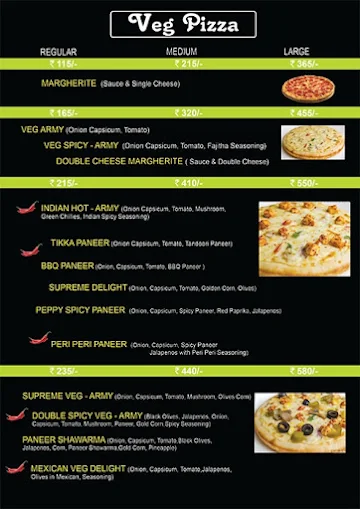 Pizza Army menu 