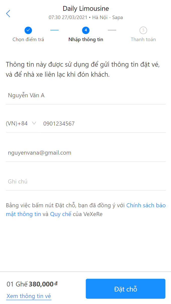 Chọn giờ, chọn chỗ, điểm đón/trả và điền đầy đủ thông tin.