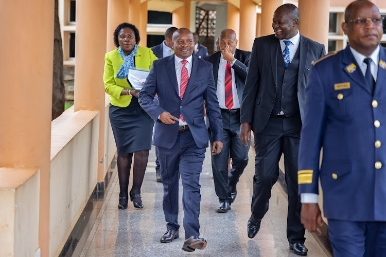 Interior CS Kithure Kindiki with Kisumu Senator Tom Ojienda after arriving at the Senate to answer to questions by Senators at the Plenary on May 8, 2024.