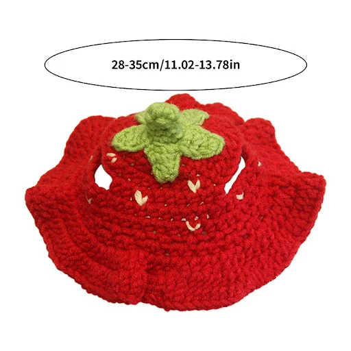 Pet Knitted Hat Cat Wool Hand-knitted Cartoon Strawberry Red Hat With Ear Holes Cute Kitten Dog Headgear Pet Cosplay Acc
