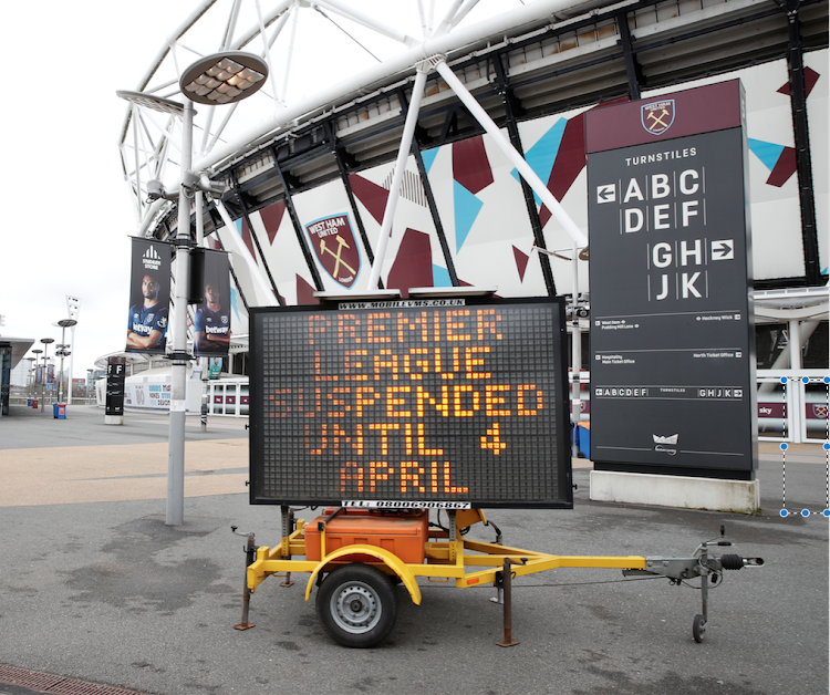 General view outside the London Stadium as the Premier League is suspended due to the number of coronavirus cases growing around the world