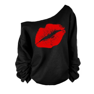 Long-sleeved autumn sweater red lips big lips pattern slanting shoulders for a stylish and comfortable fall look
