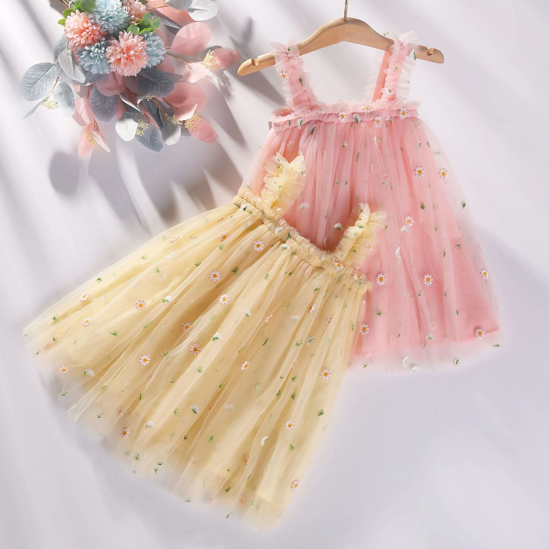 Title 4, Robe à bretelles brodée unie pour filles, parfa...