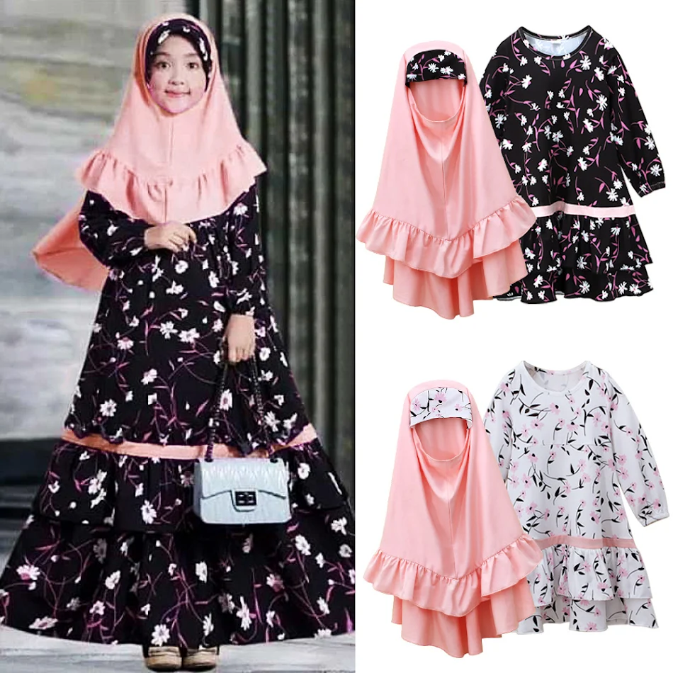 Girl's Long-sleeved Dress Long Skirt and Scarf Two-piece Set. Comfortable, stylish, and versatile outfit for girls of al