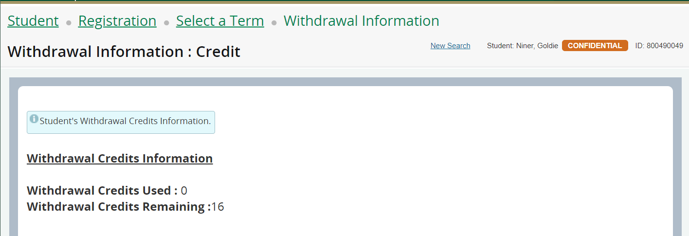 Withdrawal credit information for sample student