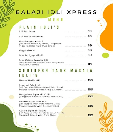 Balaji Idli Xpress menu 
