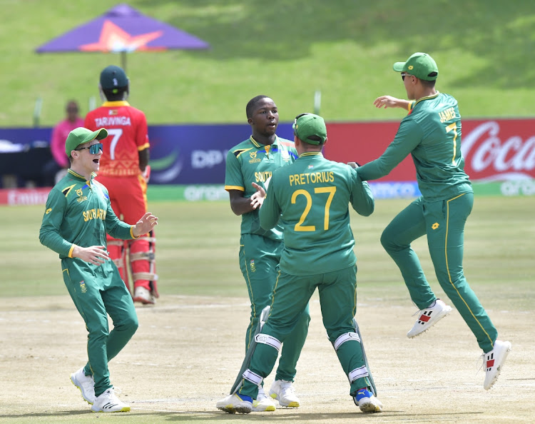 SA speedster Kwena Maphaka celebrates another wicket with his teammates during the ICC U19 Men's World Cup Super Six match against Zimbabwe at JB Marks Oval in Potchefstroom on Wednesday. Picture: Sydney Seshibedi /Gallo Images