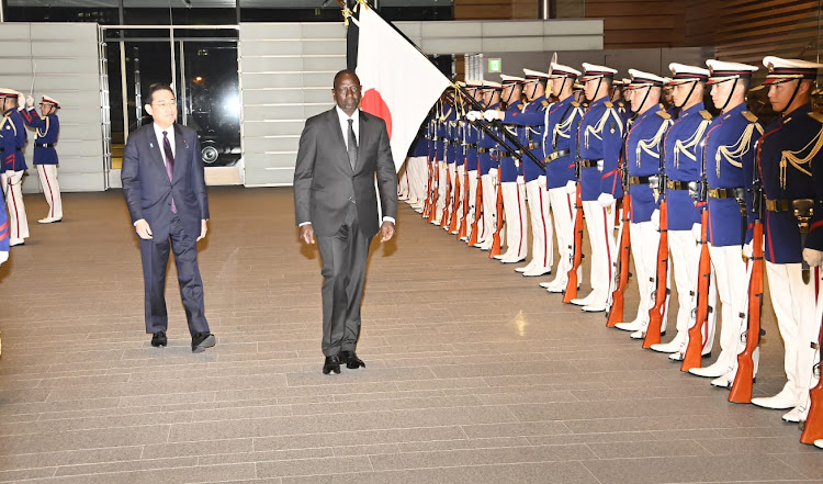 President William Ruto is welcomed by Japan Prime Minister Fumio Kishida in Tokyo, Japan on February 8, 2024