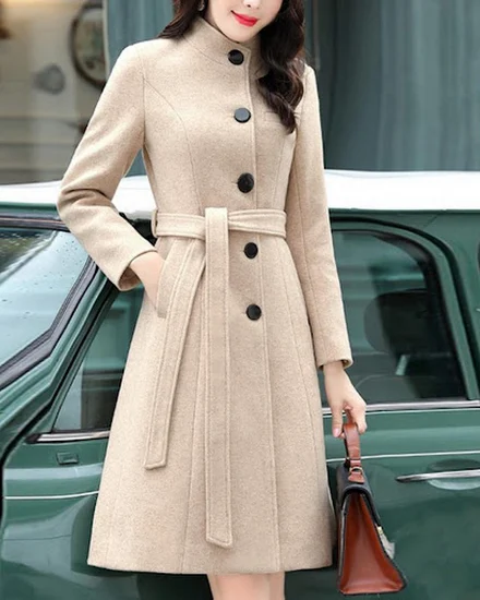 Autumn Winter Women Woolen Coat Mid Length Stand Collar T... - 0