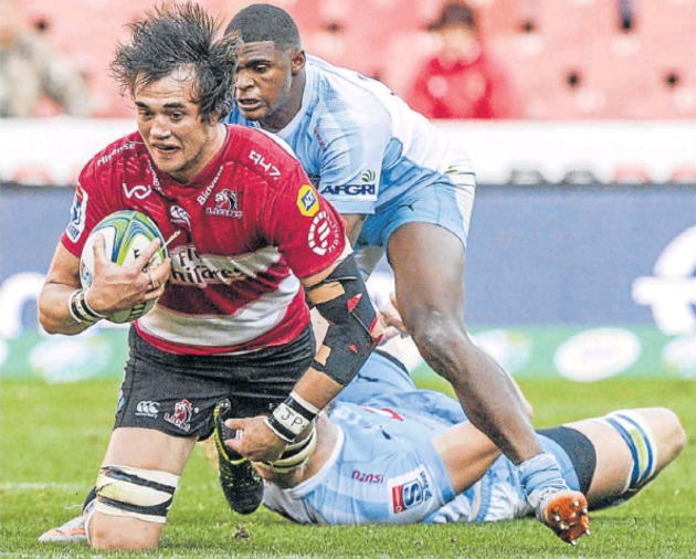 Lions player Franco Mostert is tackled during their Super Rugby clash against the Bulls in Johannesburg on Saturday