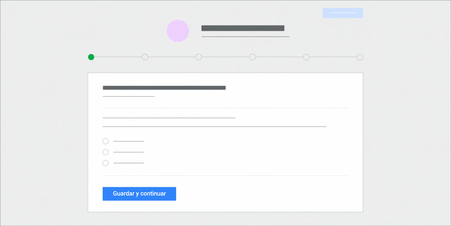 Animación de la interfaz de usuario simplificada que muestra cómo guardar pasos de configuración y continuar con la configuración del complemento MonsterInsights para Google Analytics.