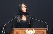 Model Naomi Campbell speaks at the funeral of Winnie Madikizela-Mandela in Orlando stadium in Soweto, South Africa, April 14, 2018.