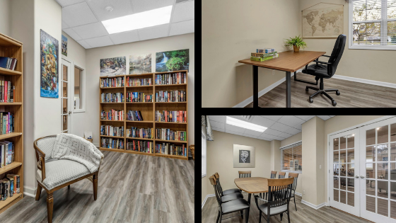 Collage showing library, conference room, and puzzle room at StoneGate Apartment Homes in WNY