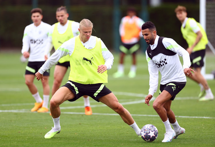 Manchester City's Erling Haaland and Riyad Mahrez in training ahead of the Champions League final at Etihad Campus, Manchester, this week. Picture: CARL RECINE / REUTERS