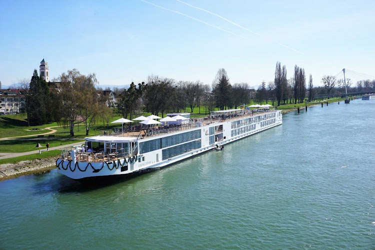 Exterior shot of Viking Einar docked on the Viking River near Strasbourg, France.