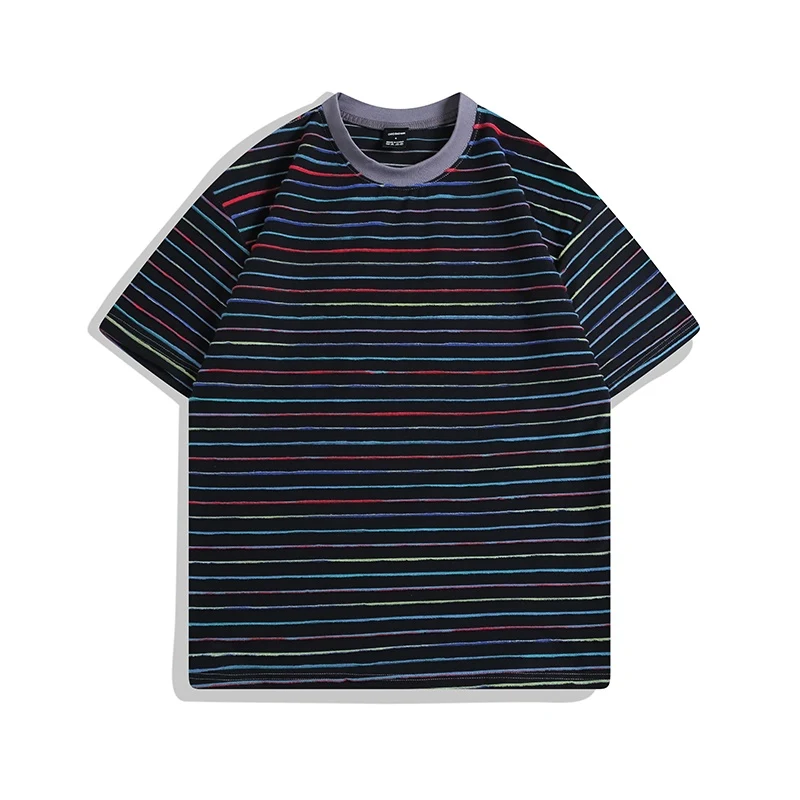 T-shirt rayée col rond à manches courtes pour couples, demi-manches, idéale pour un look assorti et confortable, parfaite pour l'été.