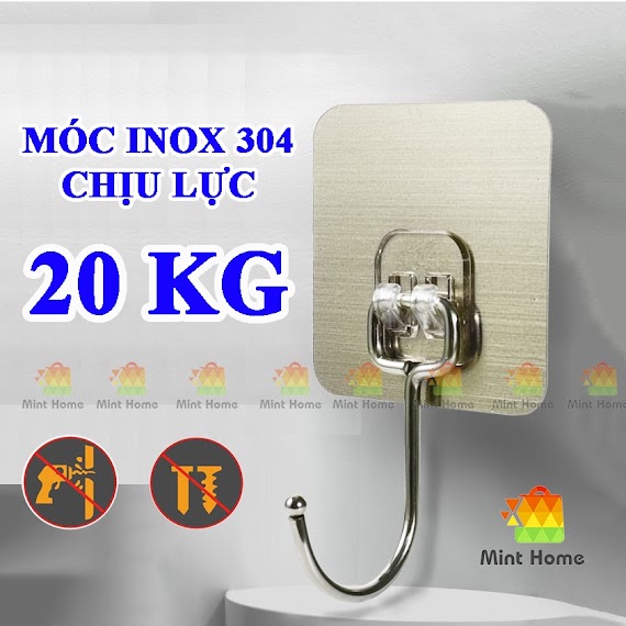 Móc Dán Tường Inox 304 Không Gỉ Siêu Dính Chịu Lực 20 Kg Loại Cực Tốt, Miếng Treo Dùng Thay Thế Móc Giá Kệ Bếp, Nhà Tắm