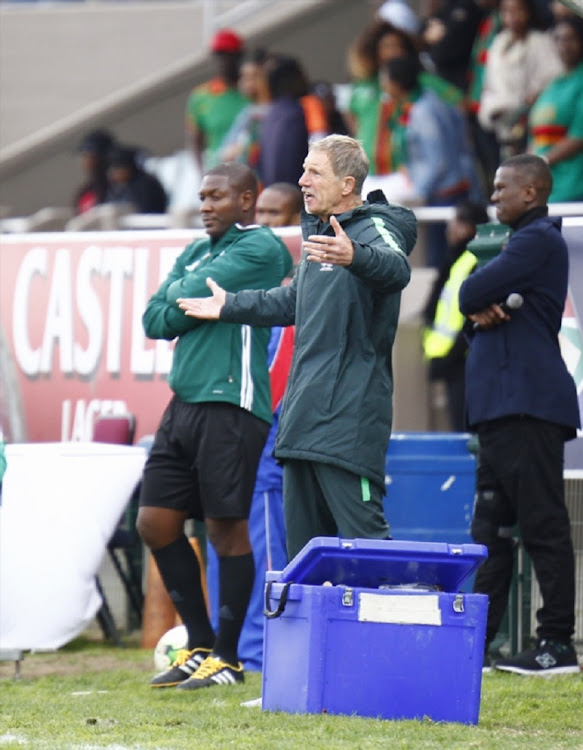 Stuart Baxter head coach of Bafana Bafana during the 1st Leg 3rd Round CHAN Qualifier between South Africa and Zambia at Buffalo City Stadium on August 12, 2017 in East London, South Africa.