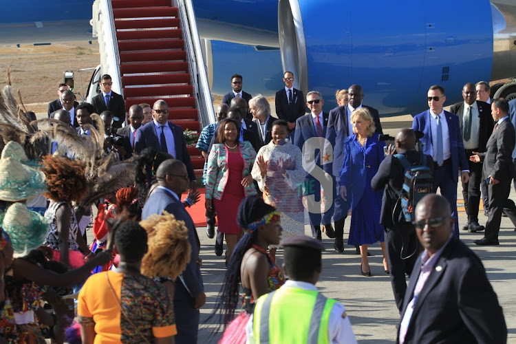 US First Lady Jill Biden with First Lady Mama Rachel Ruto and the secret service at JKIA, Nairobi on February 24,2023.