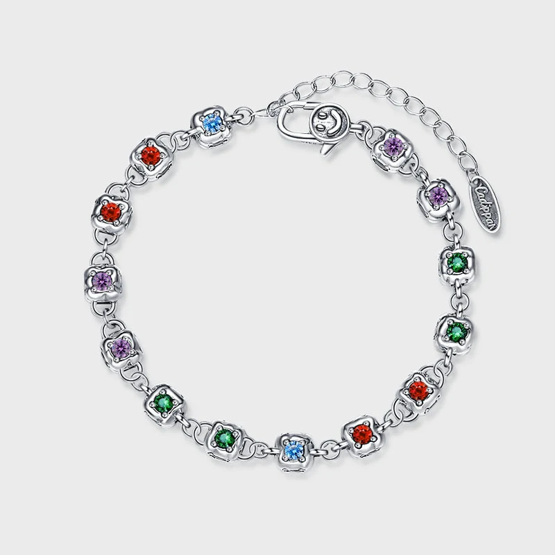 Bracelet dés en zirconium arc-en-ciel femme S925 Argent sterling vintage, mode diamant quatre faces, élégance intemporelle.