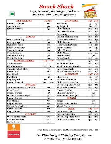 Snack Shack menu 