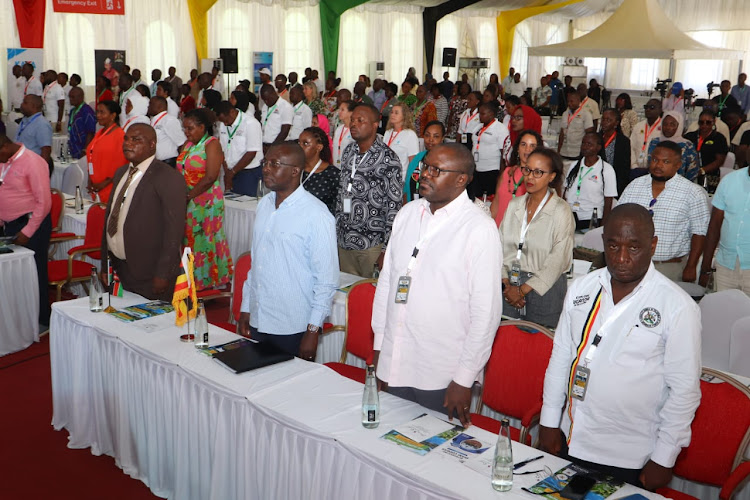 Kwale Deputy Governor Chirema Kombo and the Republic of Uganda Regional Affairs Minister John Mulimba among other delegates attend the second Uganda-Kenya Tourism Conference in Diani Reef, Kwale County on Monday, November 13, 2023.