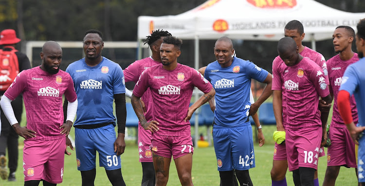 Highlands Park players during a training session at their base in Balfour Park in Johannesburg near Alexandra on March 11 2020 before the Premier Soccer League suspended the league programme due to the coronavirus pandemic.