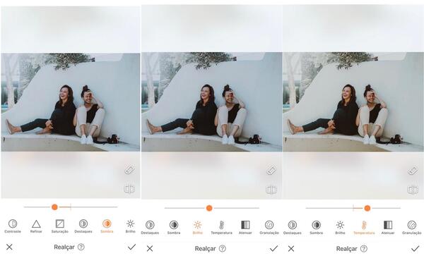 Foto de duas amigas sentadas sendo editada pelo AirBrush com a ferramenta Realçar