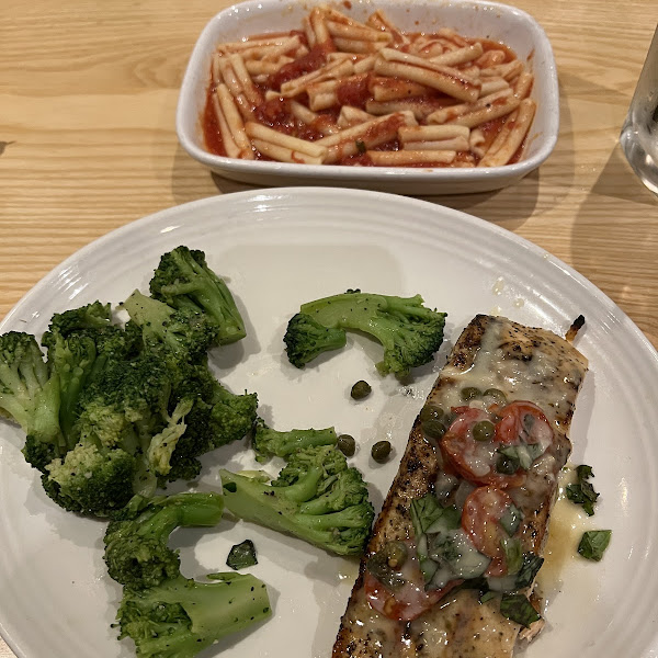 Salmon with broccoli and a side of GF pasta