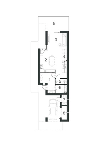 Wąski D9 - Rzut parteru - wersja bez kominka