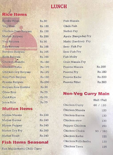 Sky Malabar Restaurant menu 