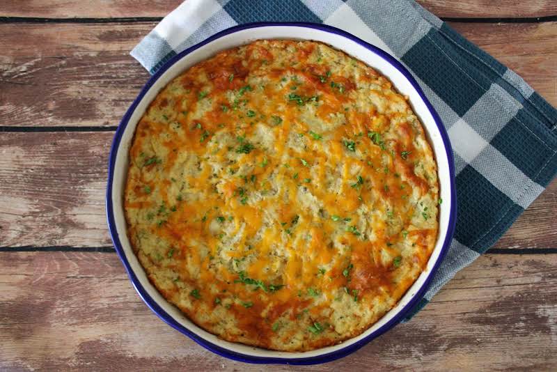 Cheesy Mashed Potato Bake Ready To Be Served.