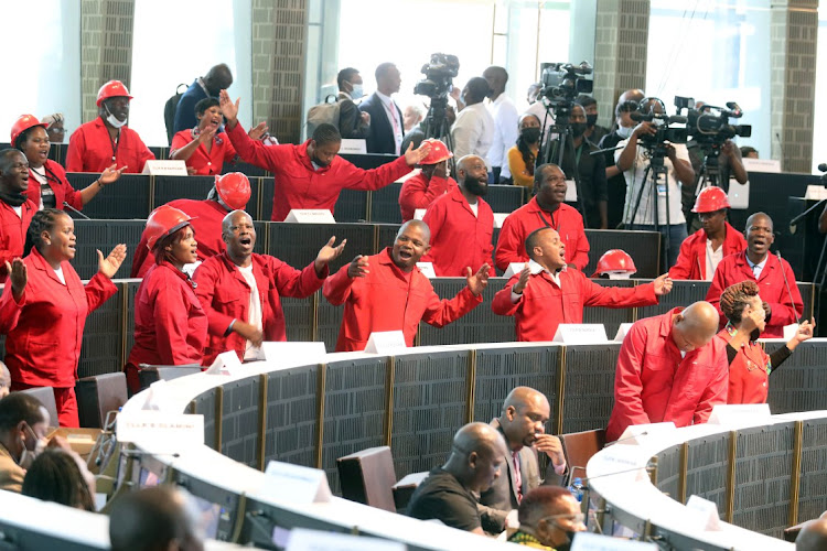 EFF councillors during the first ordinary council sitting in Braamfontein in January. Mayor Mpho Phalatse said presence of hard hats, and their use as weapons in council, is something that must be relooked for the safety of all councillors, officials and residents who attend sittings.