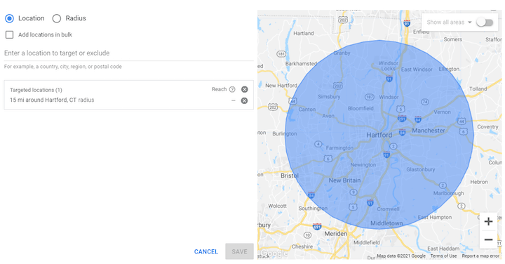 configuración de orientación geográfica de Google Ads: mapa del área de orientación