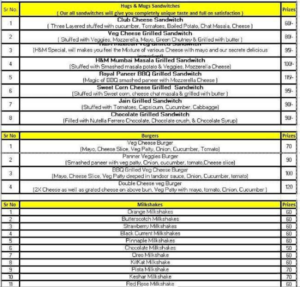 Cafe Hugs & Mugs menu 