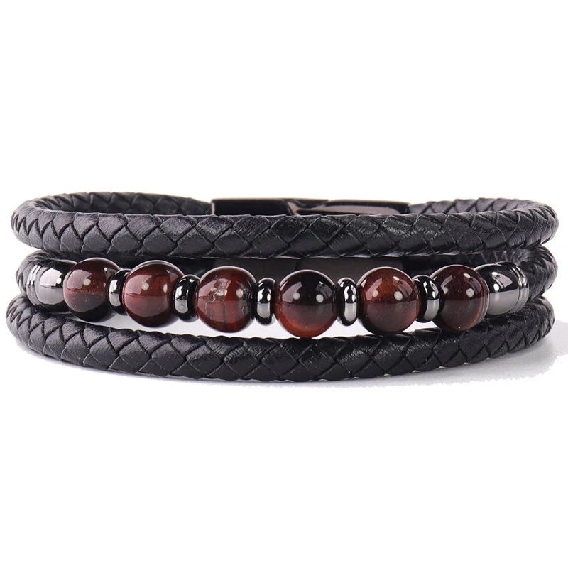 Heren armband met tijgeroog kralen en magnetische sluiting van roestvrij staal, stijlvol en gemakkelijk te sluiten