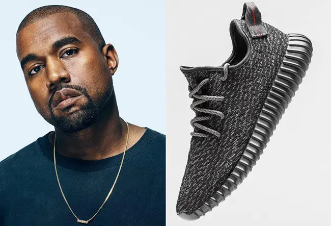 Kanye West on the left and Yeezy shoe on the right.