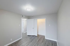 Gray walls, white trim, and wood inspired flooring in bedroom, sliding closet door, modern dome light