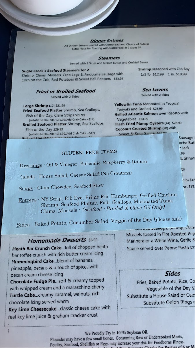 Gluten free menu