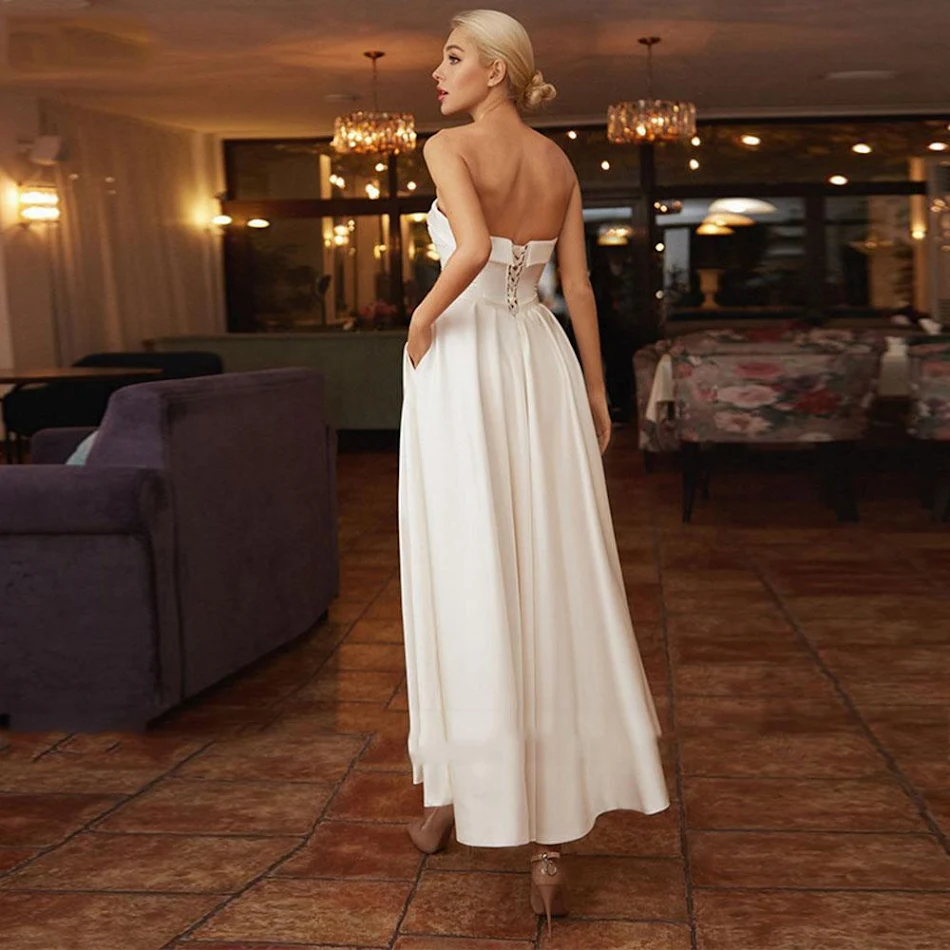 French Tube Top Light Wedding Dress in Satin. A beautiful bridal gown for weddings and elegant evening events. Comfort a