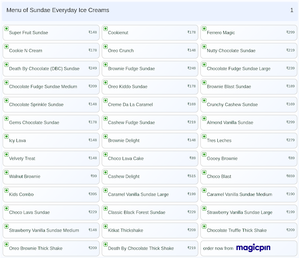 Sundae Everyday Ice Creams menu 