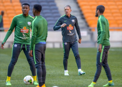 Coach Stuart Baxter of Bafana Bafana and his players during the South African national men's soccer team training session at FNB Stadium on June 05, 2017 in Johannesburg, South Africa.