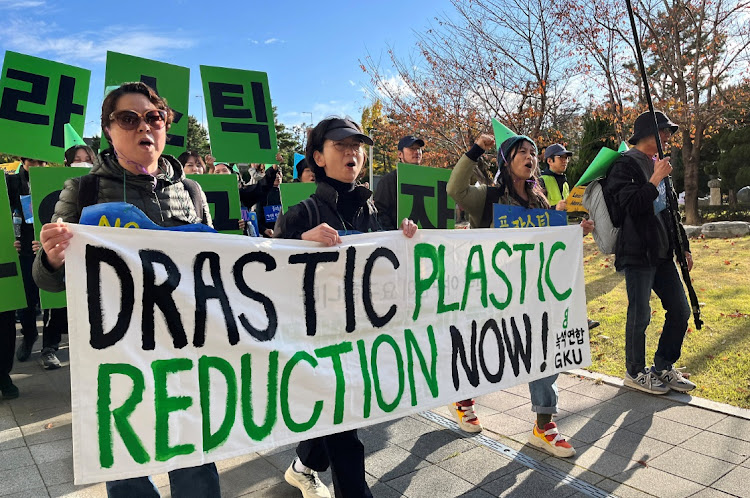 Climate activists in Busan, South Korea march to demand stronger global commitments to fight plastic waste at the fifth session of the Intergovernmental Negotiating Committee in Busan on November 23 2024.