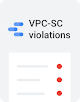 Imagem estilizada de um relatório com violações de VPC-SC na parte superior e marcadores abaixo
