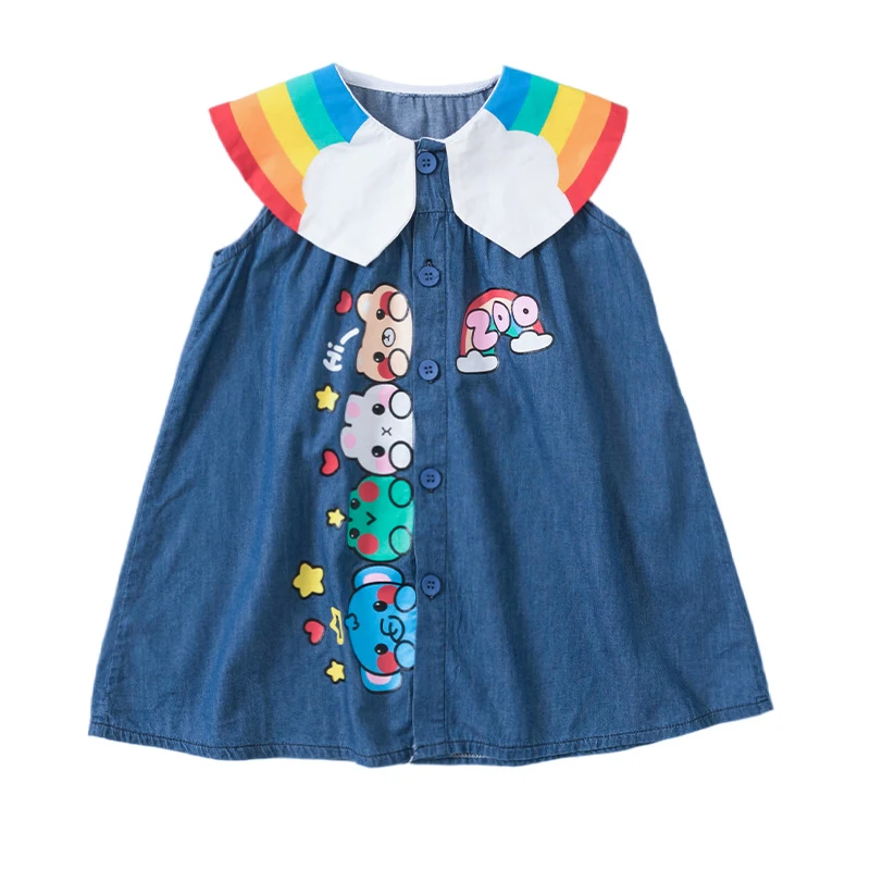 Robe en jean sans manches pour fille, imprimé arc-en-ciel au col, confortable et tendance, parfaite pour les journées ensoleillées et les jeux.
