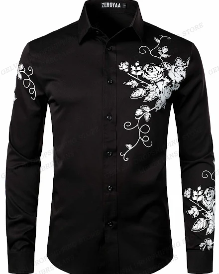 Long Sleeve Hawaiian Shirts Golden Floral Shirts Men Fash... - 1