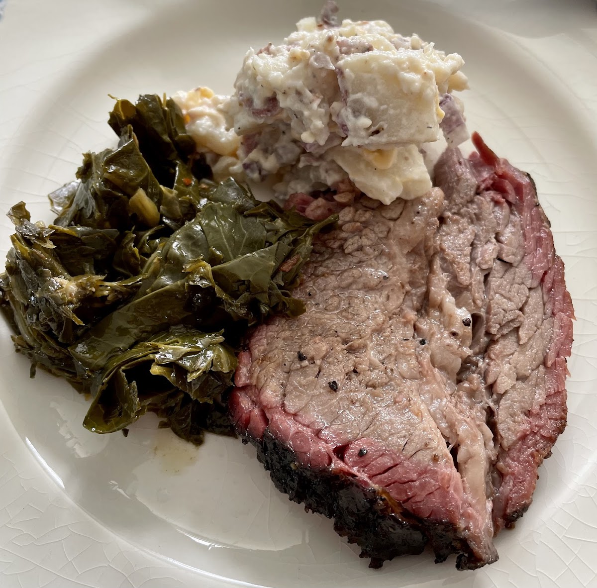 Smoked brisket, collards, and potato salad