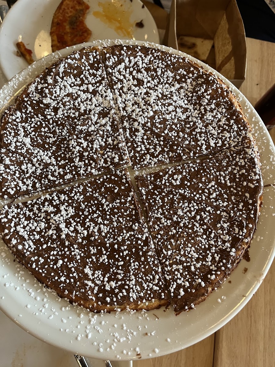 Gluten free Desert Pizza - Nutella and Powdered Sugar on Cauliflower or Vegan crust ( can add bananas )